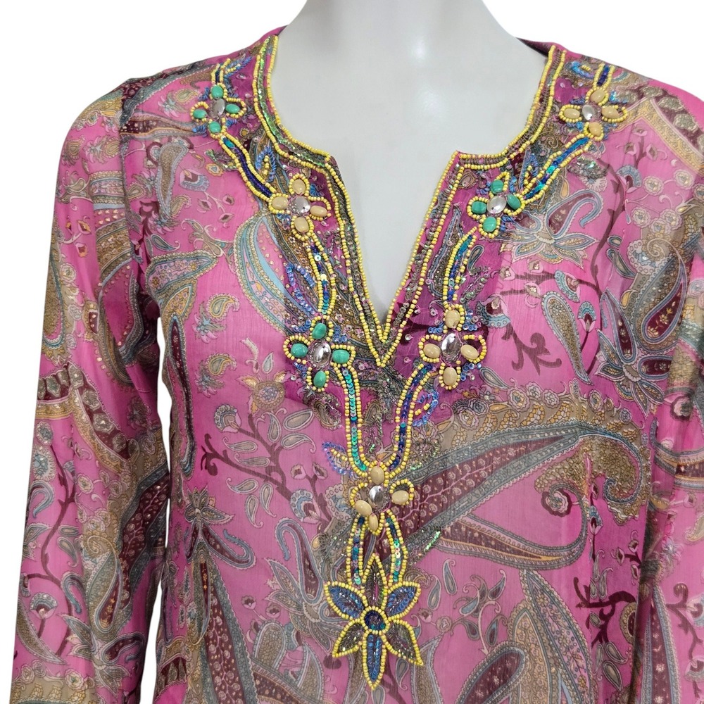 Raj Silk Paisley Tunic Size Small Pink Beaded Sequin Sheer Swim Coverup Top Boho